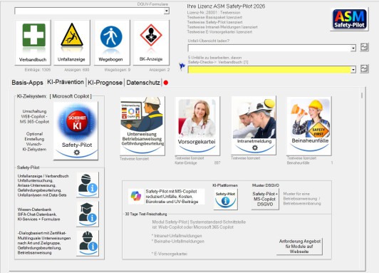 PC ASM Arbeitsschutz Mit der Testversion von PC-ASM erhalten Sie vollen Zugriff auf alle Funktionen / Zusatz-Module für 60 Tage.   Um eine schnelle Übersicht zu den Vorteilen und zahlreichen Analysefunktionen der Unfalldatenbank zu ermöglichen, sind in de