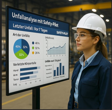 Junge Sicherheitsfachkraft betrachtet digitale Unfall-Infotafel in Werkshalle: Safety‑Pilot zeigt Unfallstatistiken, Trends und Präventionshinweise – verständlich visualisiert für Sicherheitsfachkräfte und Mitarbeitende