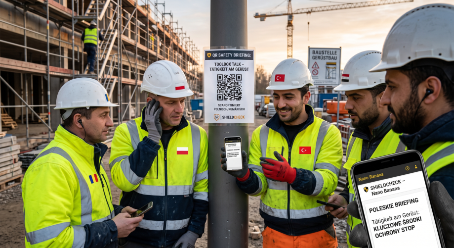 KI spricht Toolbox Talk für ausländische Bauarbeiter mit iPhone und QR-Code abrufen