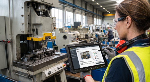 HSE-Experte fotografiert Maschine für Gefährdungsbeurteilung
